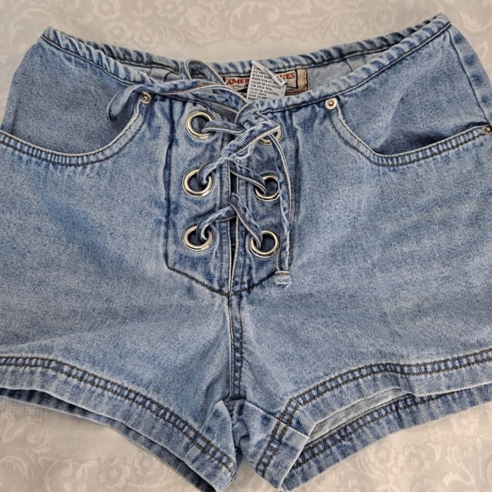 VINTAGE SHORTS ~ VERY SHORT ~ DENIM LACE UP ~ 1980S ~ FADED CHARACTER ~ SZ 7